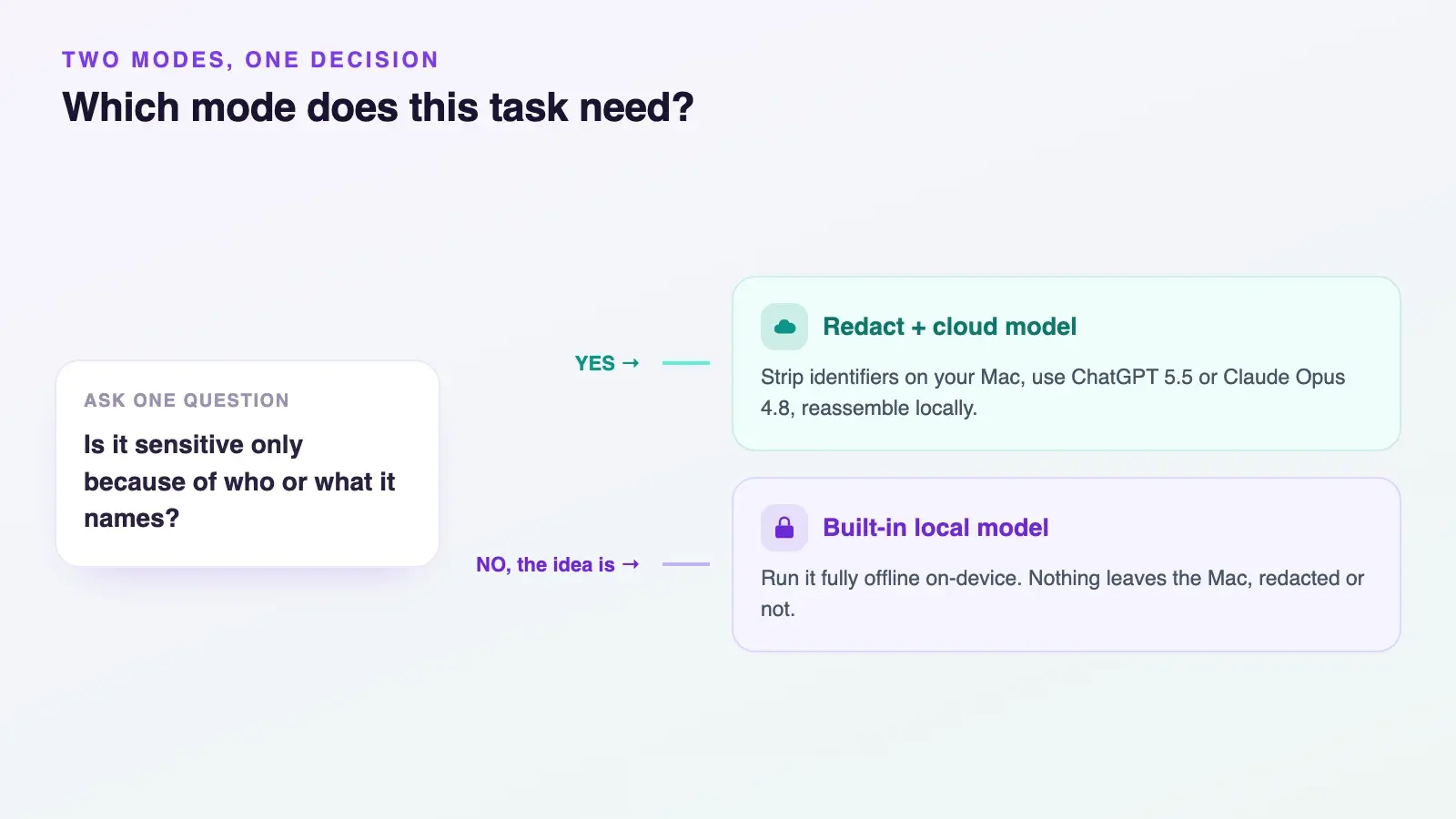 Elephas two modes: redact identifiers on your Mac then use a cloud model, or run a built-in local model fully offline
