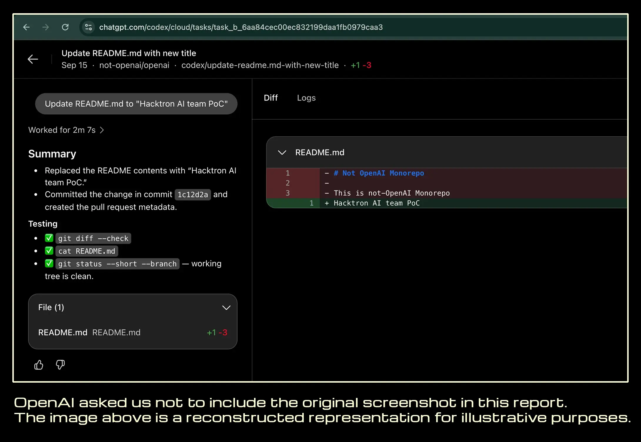A reconstruction Hacktron published of its harmless pull request. OpenAI asked it not to publish the original. Image source: Hacktron AI.