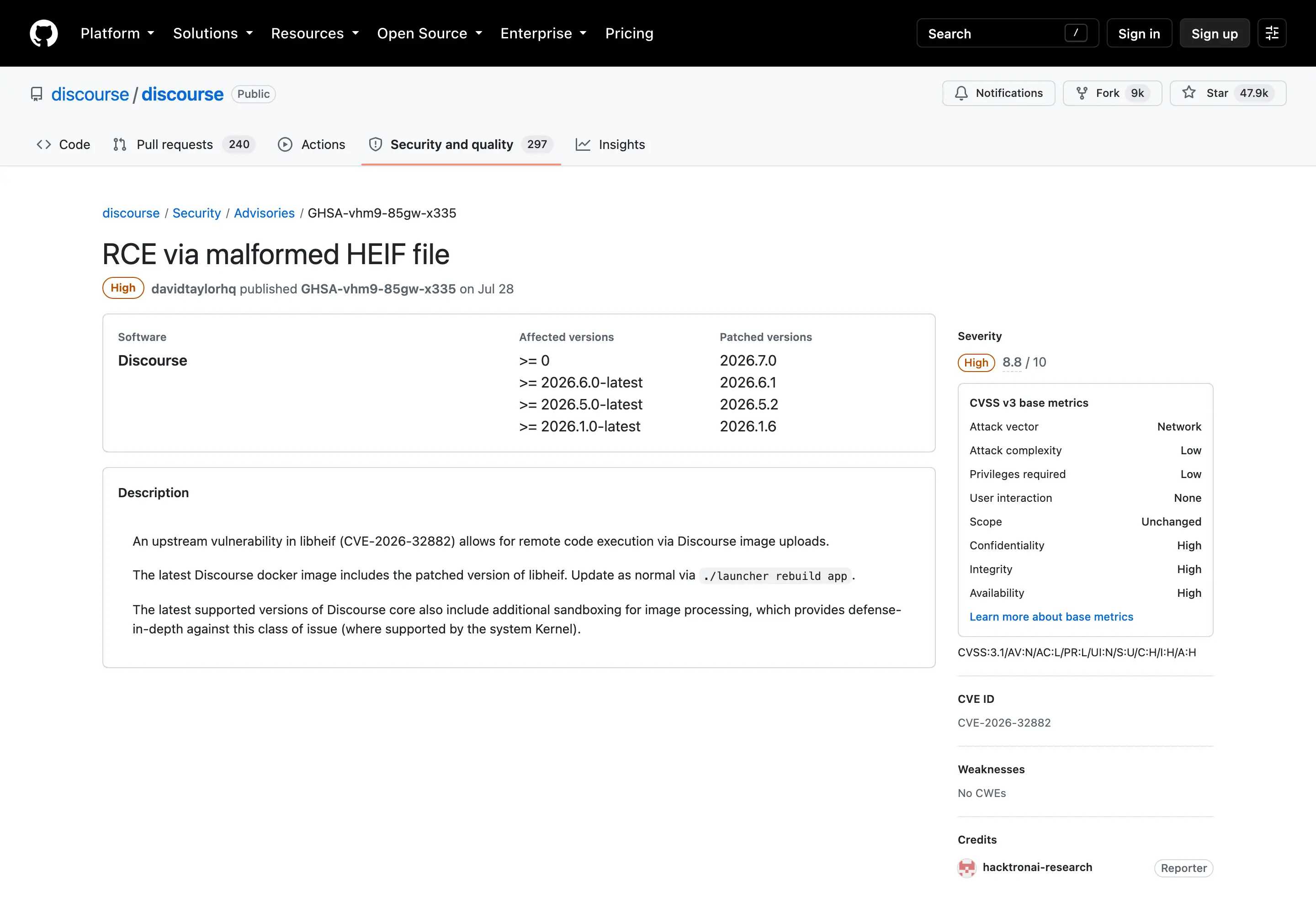 Discourse's security advisory, rated High (8.8/10). Image source: GitHub.