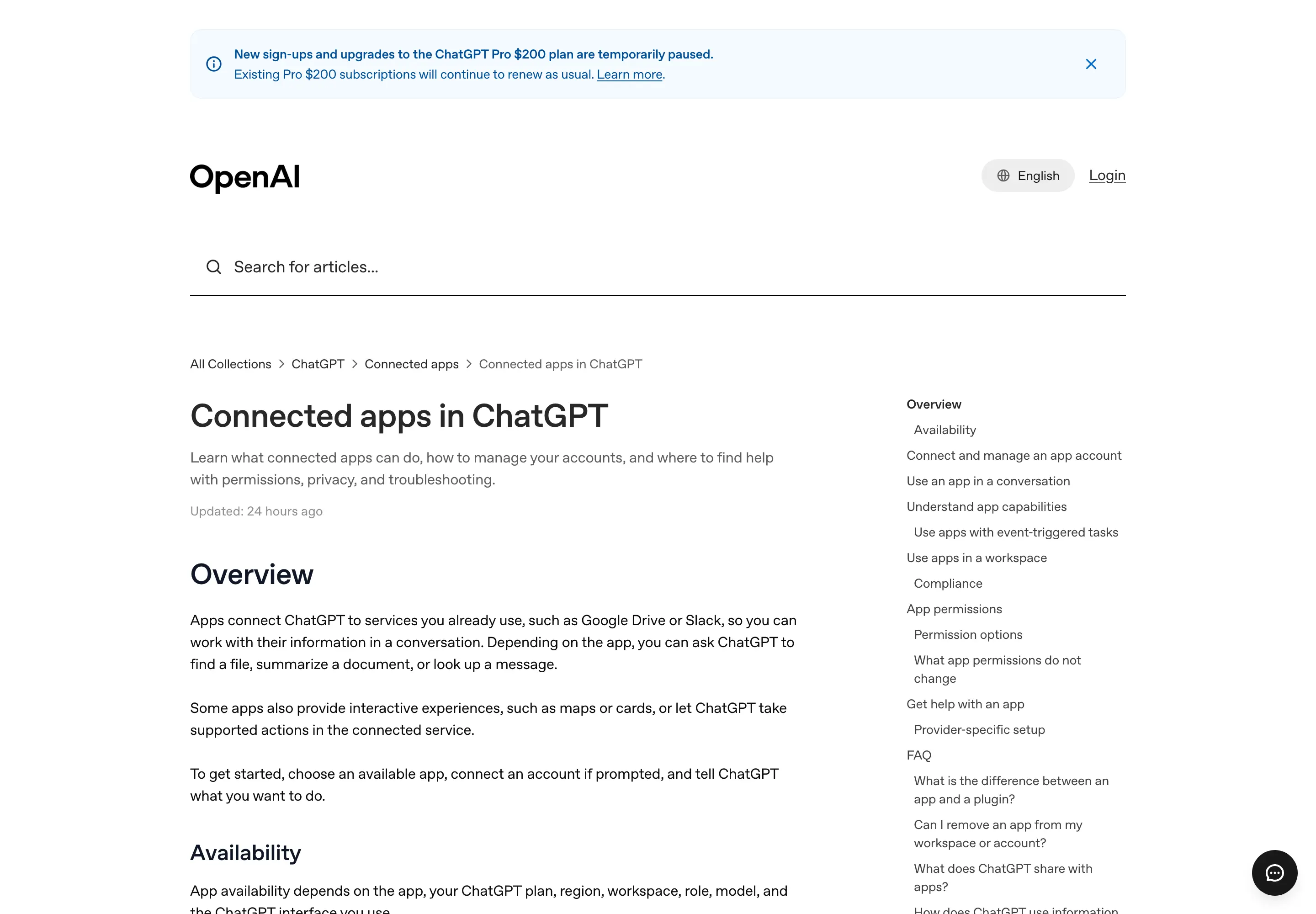 OpenAI's help page on connected apps. Image source: OpenAI Help Center.