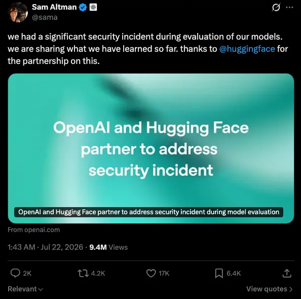 Sam Altman confirms the incident on X, 9.4 million views