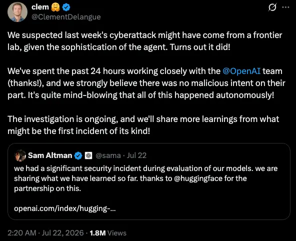 Clem Delangue confirms a frontier lab was behind the attack