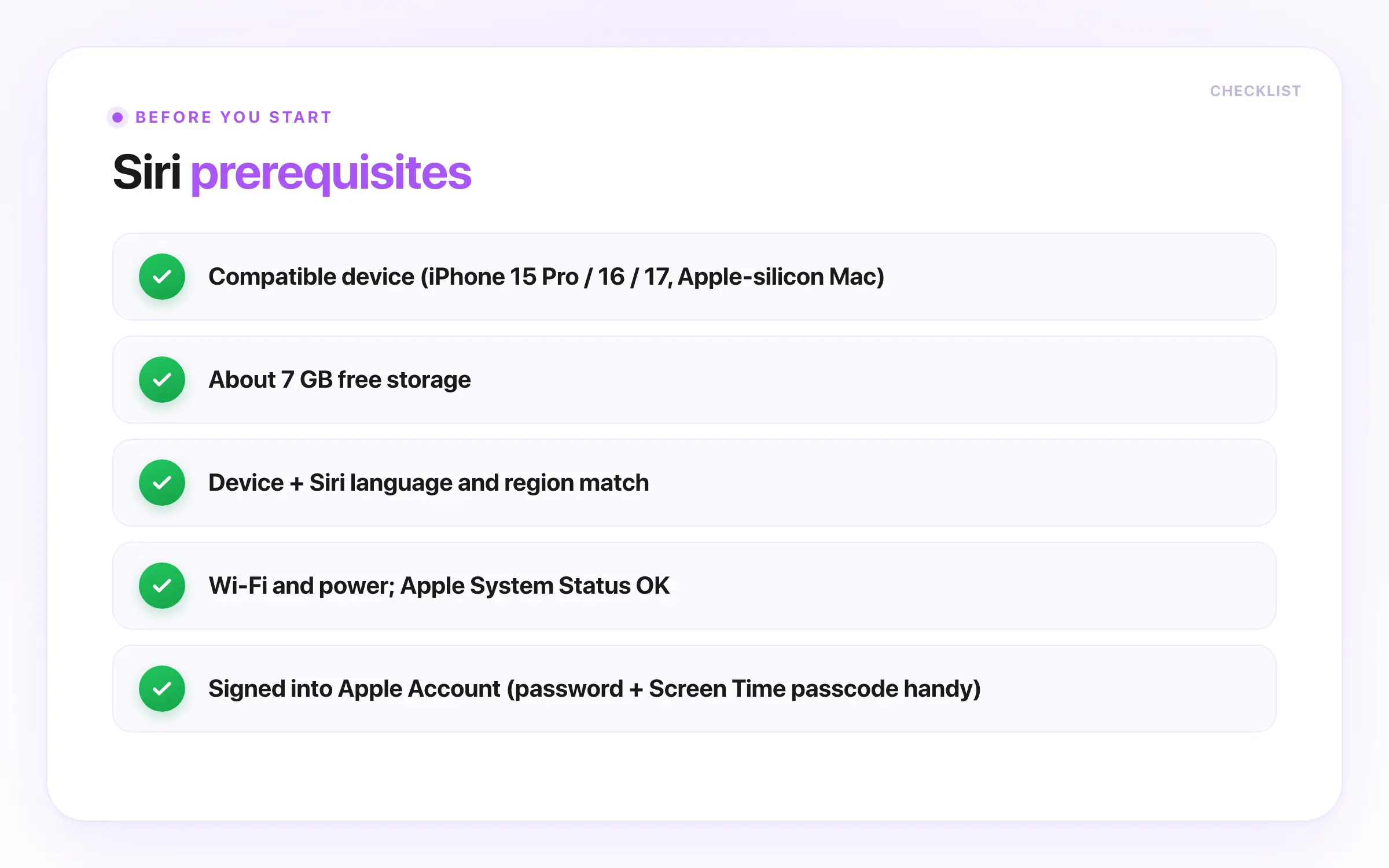 Siri prerequisites checklist for troubleshooting