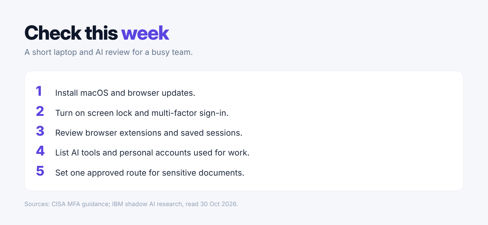 Our 30 October 2026 card with five laptop and AI checks for this week