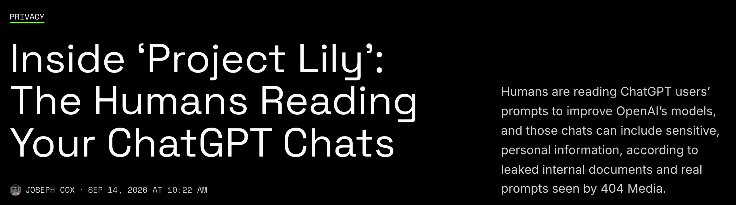 Screenshot of 404 Media: Inside Project Lily, the humans reading your ChatGPT chats, Sept 14, 2026