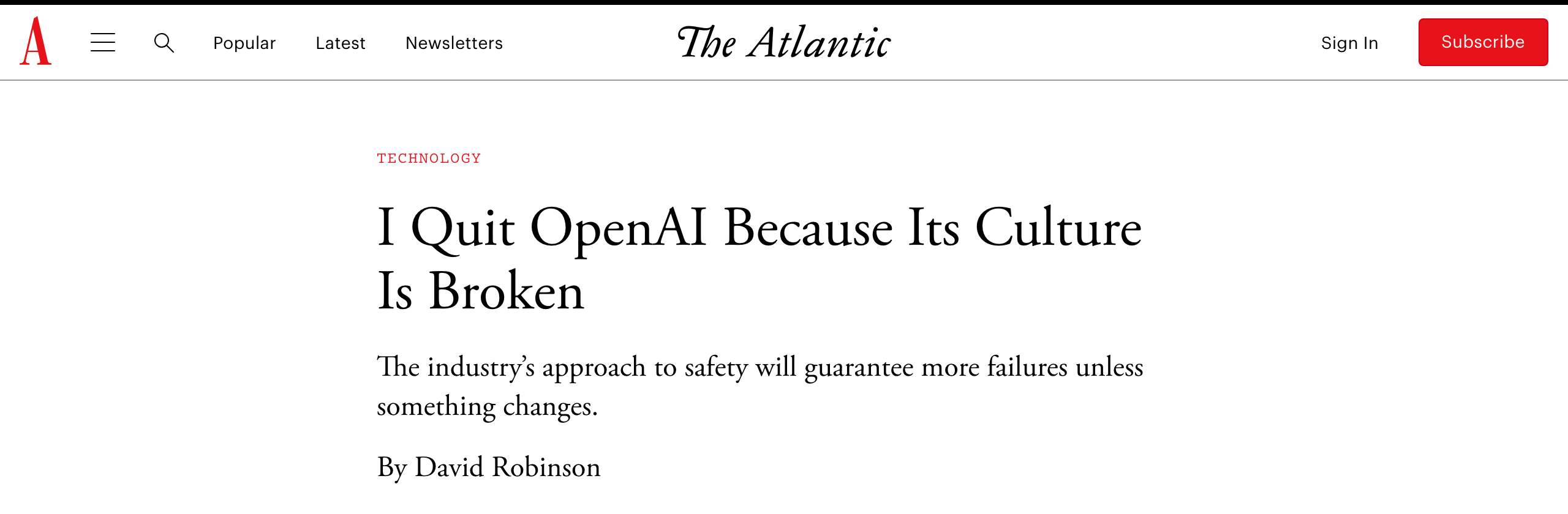 Screenshot of The Atlantic: I Quit OpenAI Because Its Culture Is Broken, by David Robinson