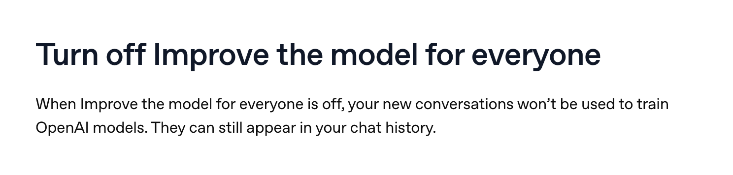 Screenshot of OpenAI's Data Controls help page: when Improve the model for everyone is off, new conversations are not used to train OpenAI models