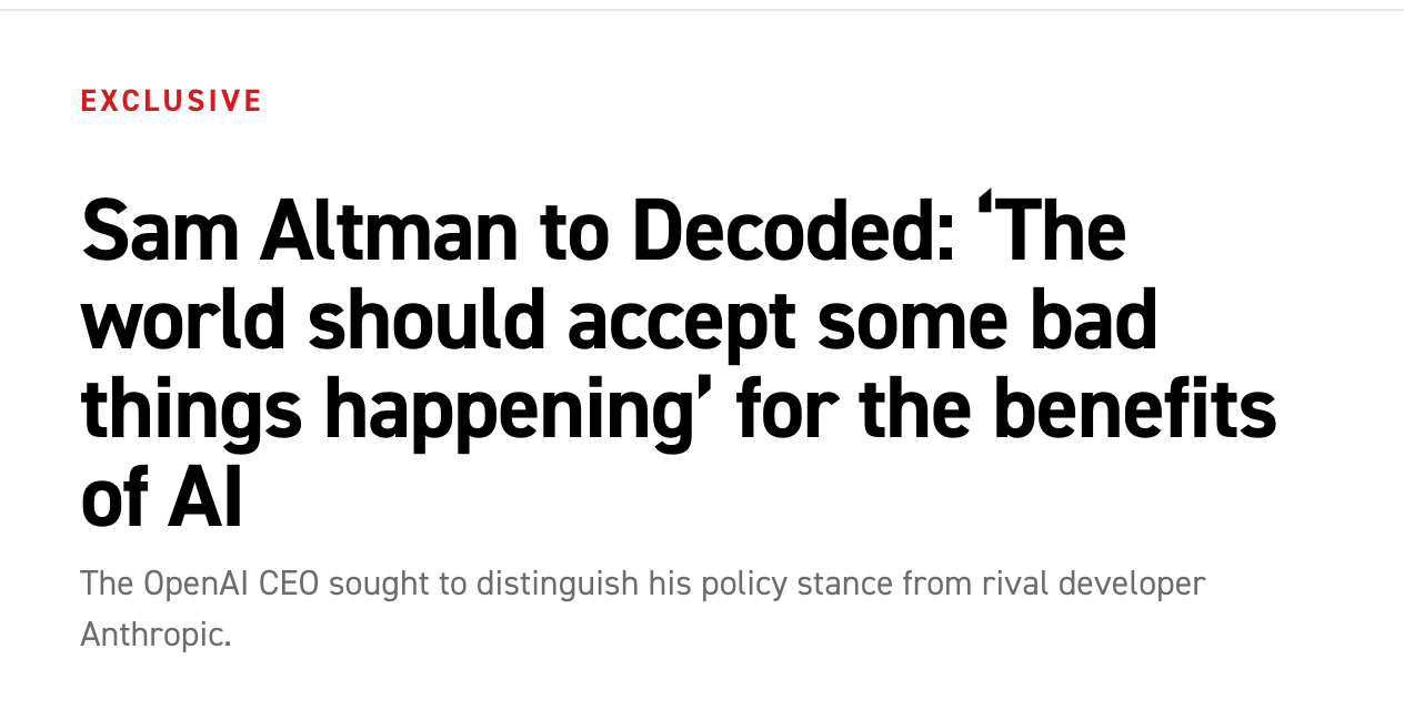Screenshot of POLITICO: Sam Altman to Decoded, the world should accept some bad things happening for the benefits of AI