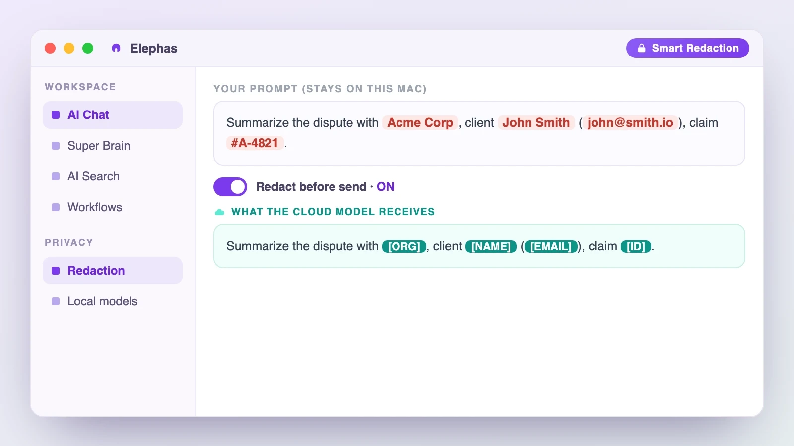 Elephas redaction in app