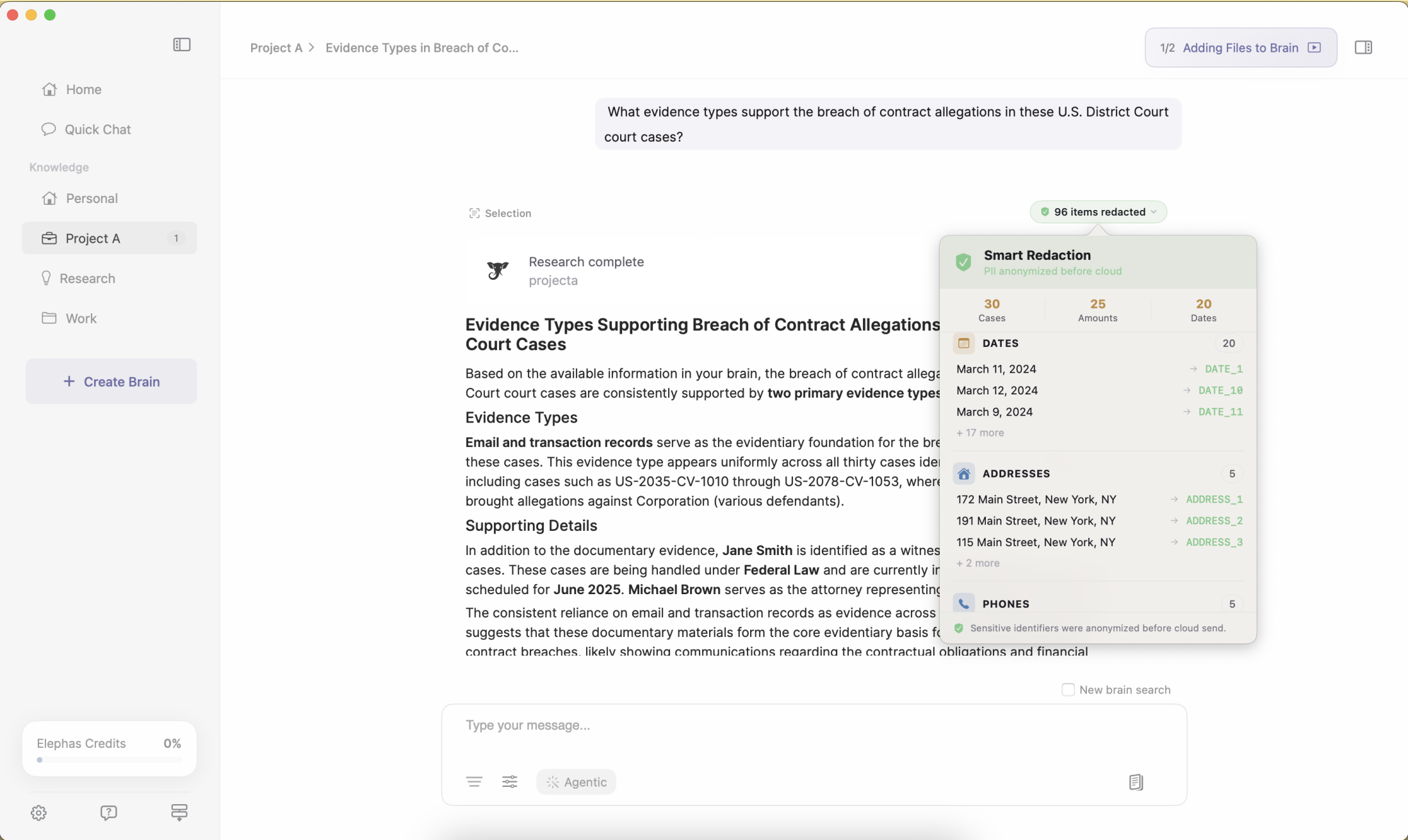 Screenshot of the Elephas app showing the Smart Redaction setting in use