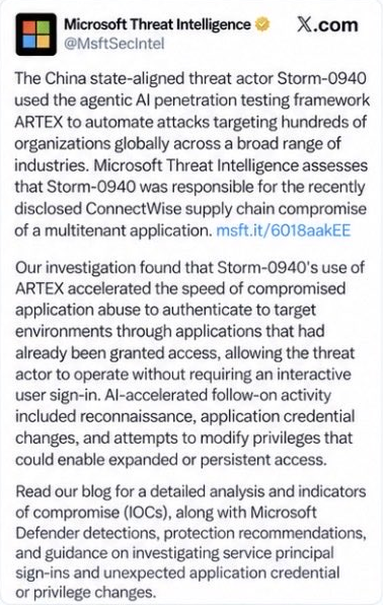 Microsoft Threat Intelligence's October 21, 2026 post on X about Storm-0940 and ARTEX