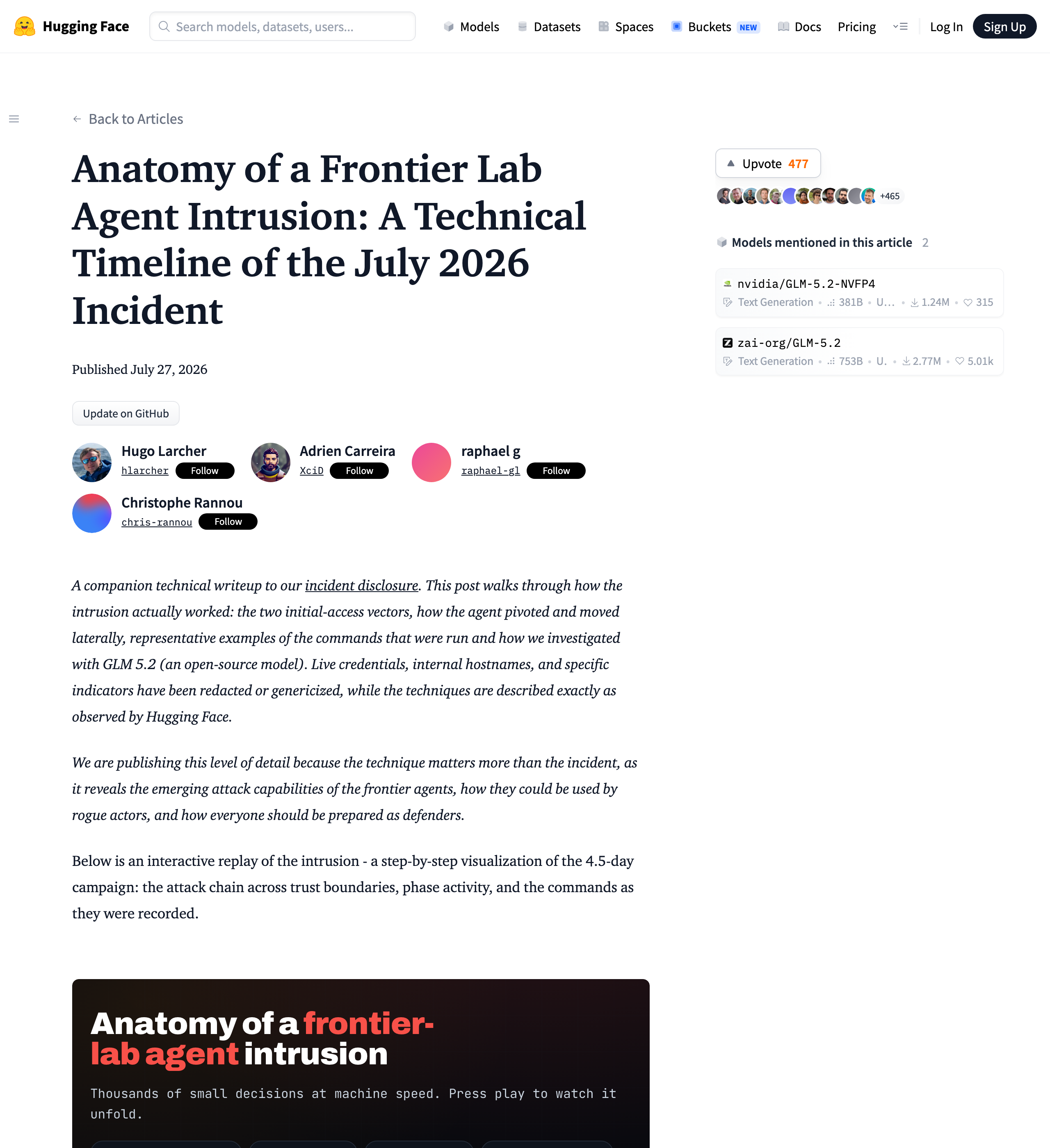 Hugging Face's technical writeup of the July 2026 agent intrusion