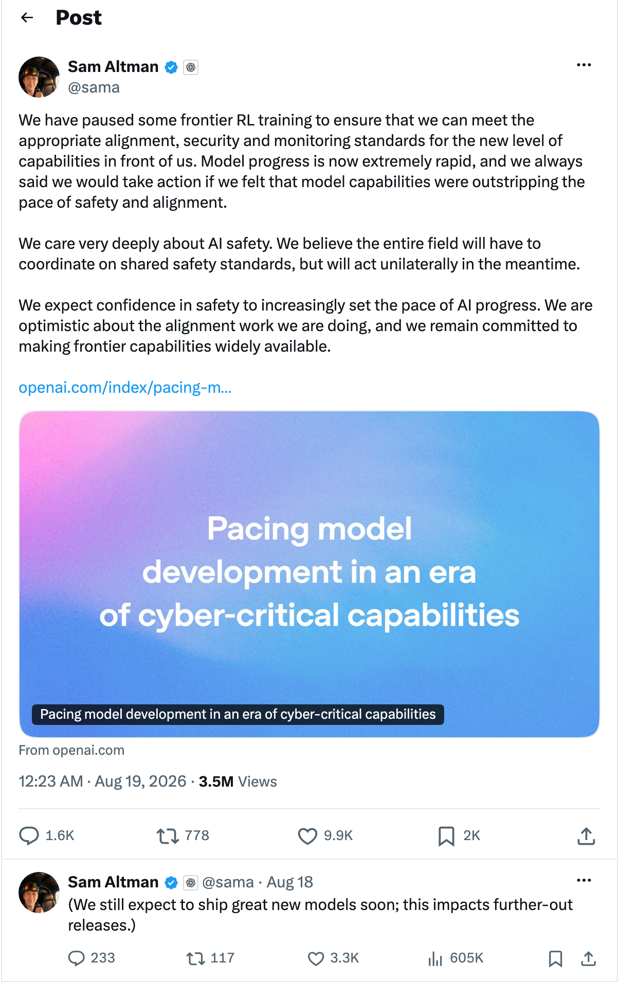 Sam Altman's X post announcing the pause, with his follow-up reply
