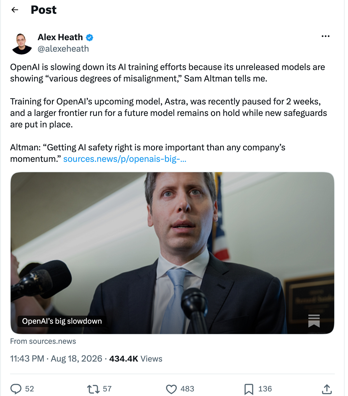 Alex Heath's post reporting Altman's misalignment comment