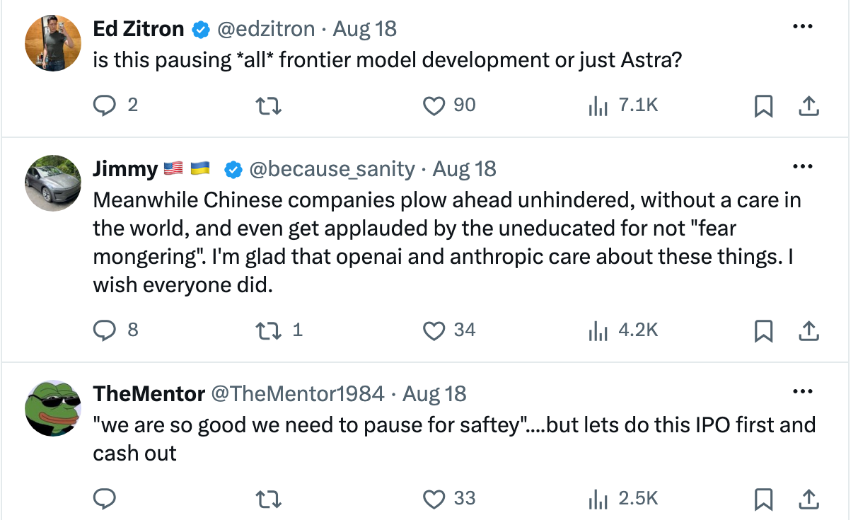 Replies questioning the scope and timing of OpenAI's pause