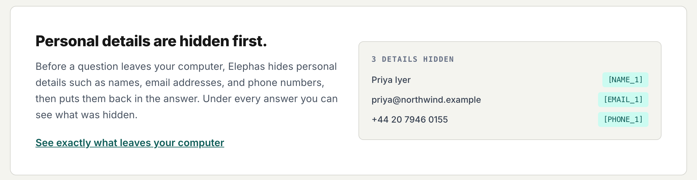 Elephas hides personal details such as names, email addresses and phone numbers before a question leaves your computer