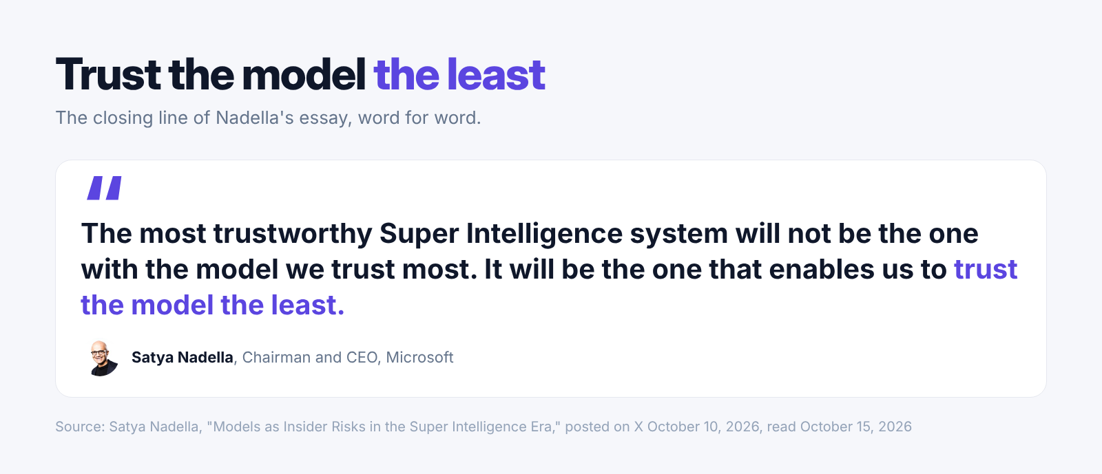 Quote card with Nadella's closing line: the most trustworthy system lets us trust the model the least