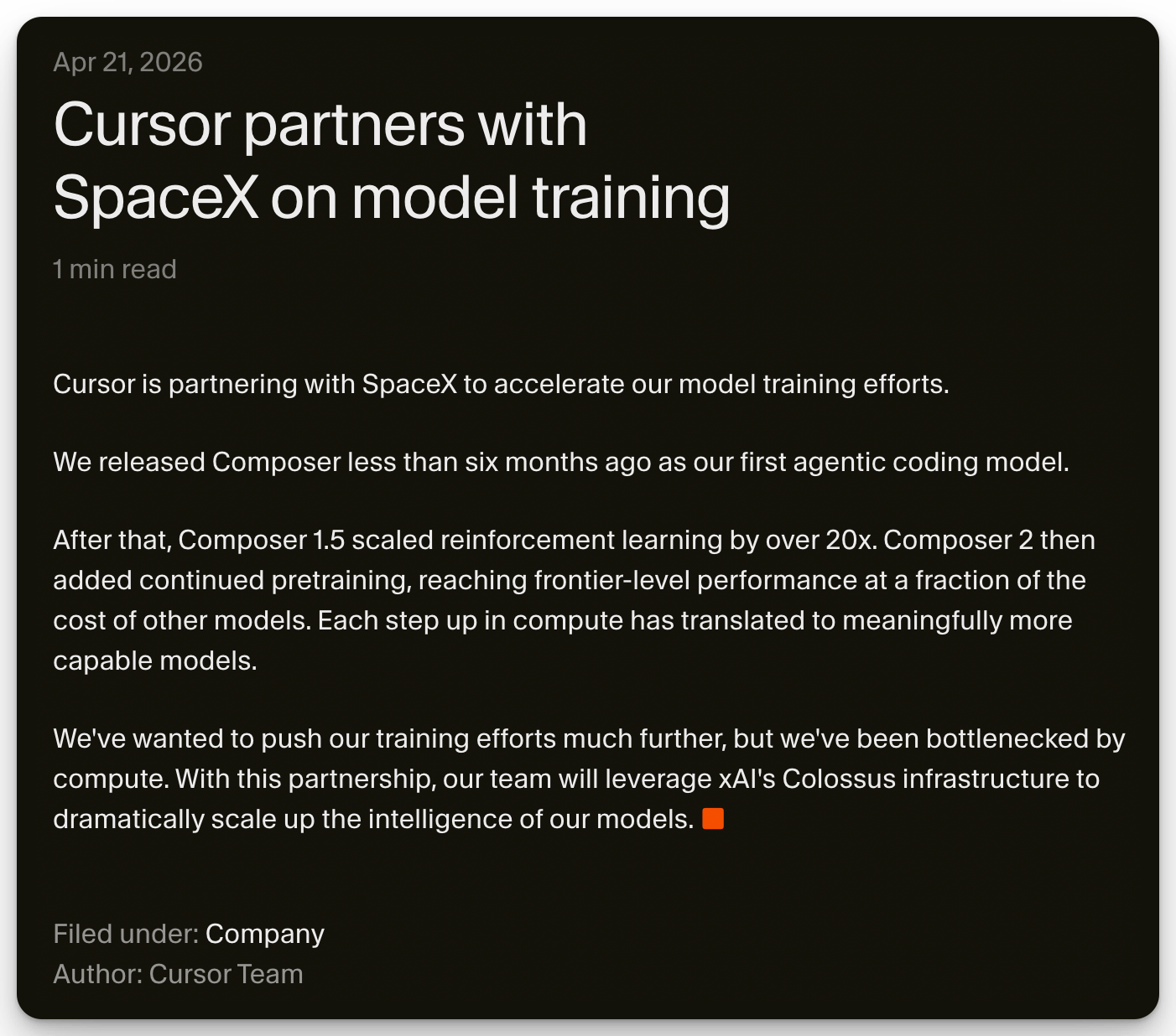 Cursor's blog post titled 'Cursor partners with SpaceX on model training', dated April 21, 2026