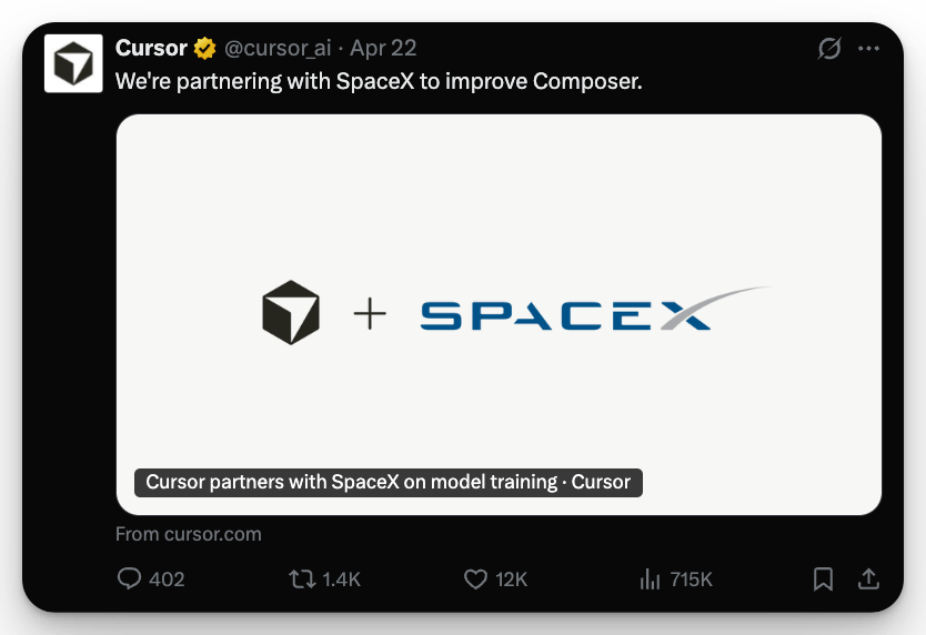 Cursor post on X confirming the partnership with SpaceX
