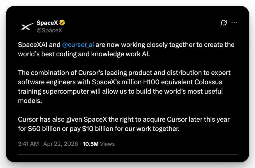 SpaceX announcement post on X, dated April 22, 2026