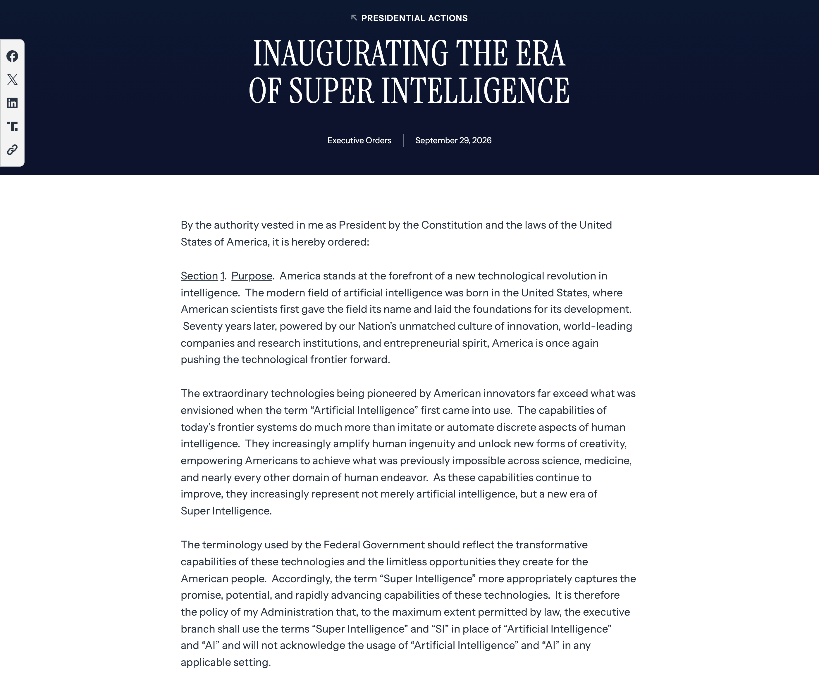 The executive order 'Inaugurating the Era of Super Intelligence' on WhiteHouse.gov, signed September 29, 2026