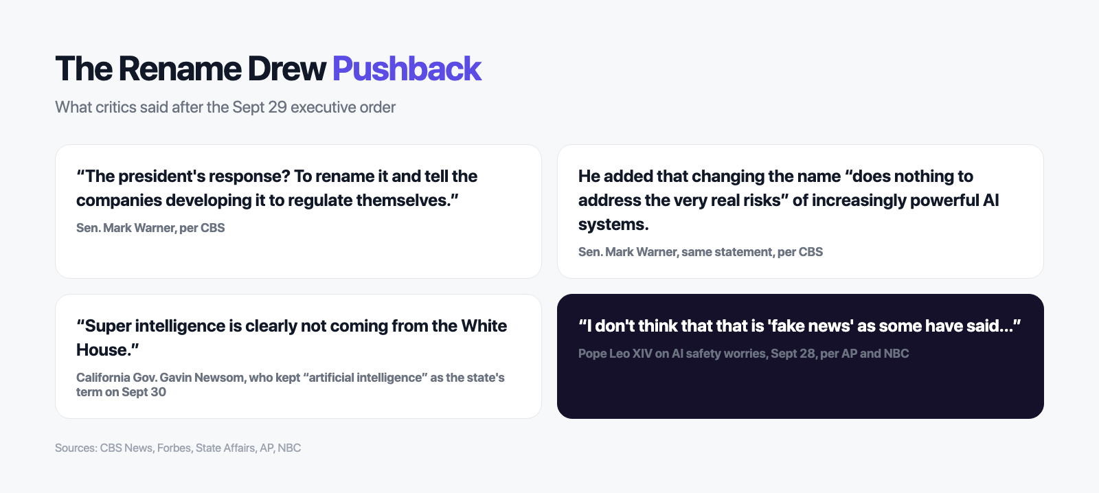 Critics of the rename: Sen. Mark Warner, Gov. Gavin Newsom and Pope Leo XIV quoted on the Super Intelligence order