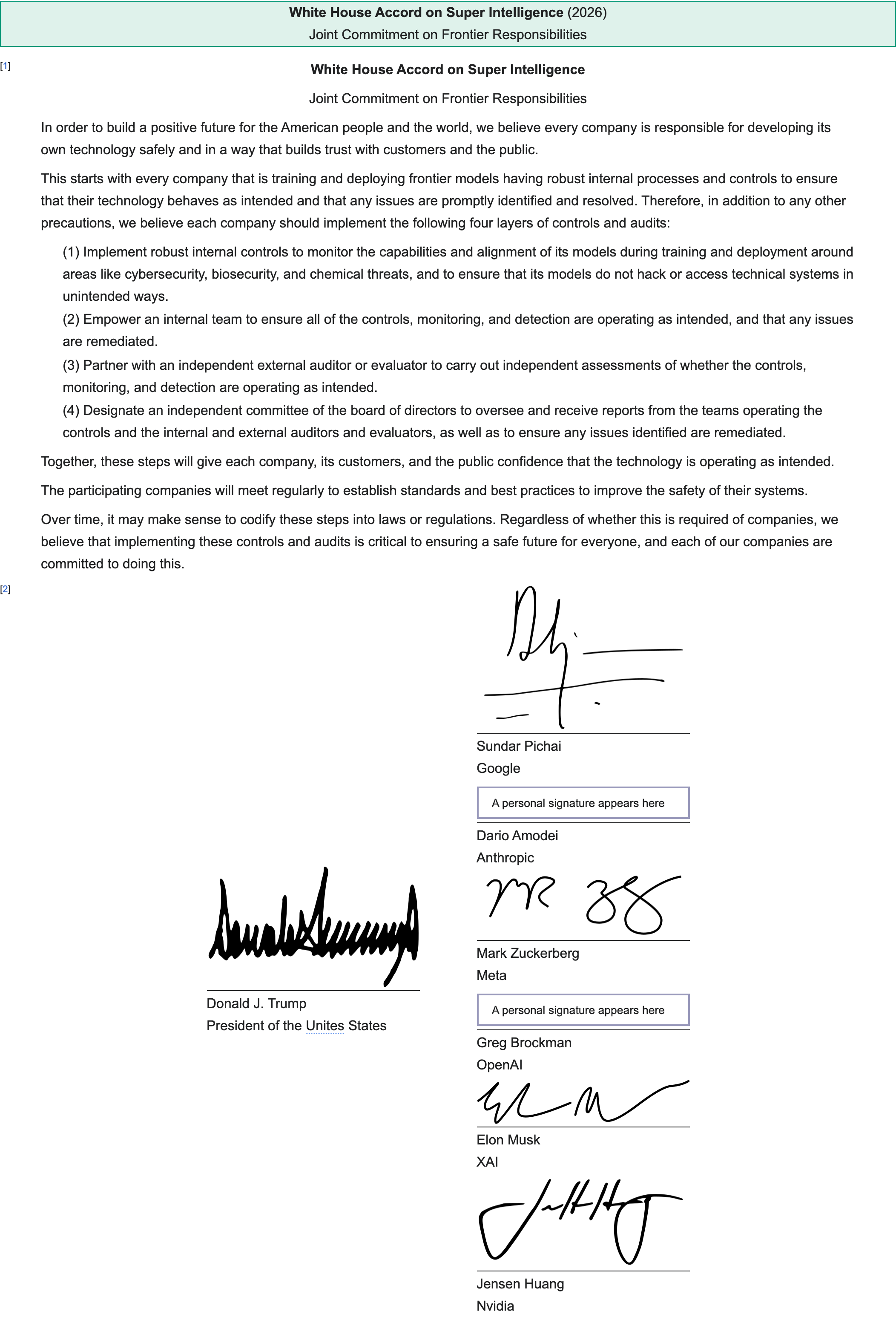 The full one-page White House Accord on Super Intelligence with signatures, as transcribed on Wikisource