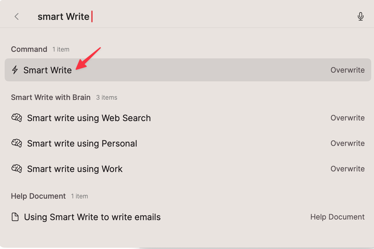 Smart Write selected in Super Command, with options to use a Brain for web search, personal, or work context.