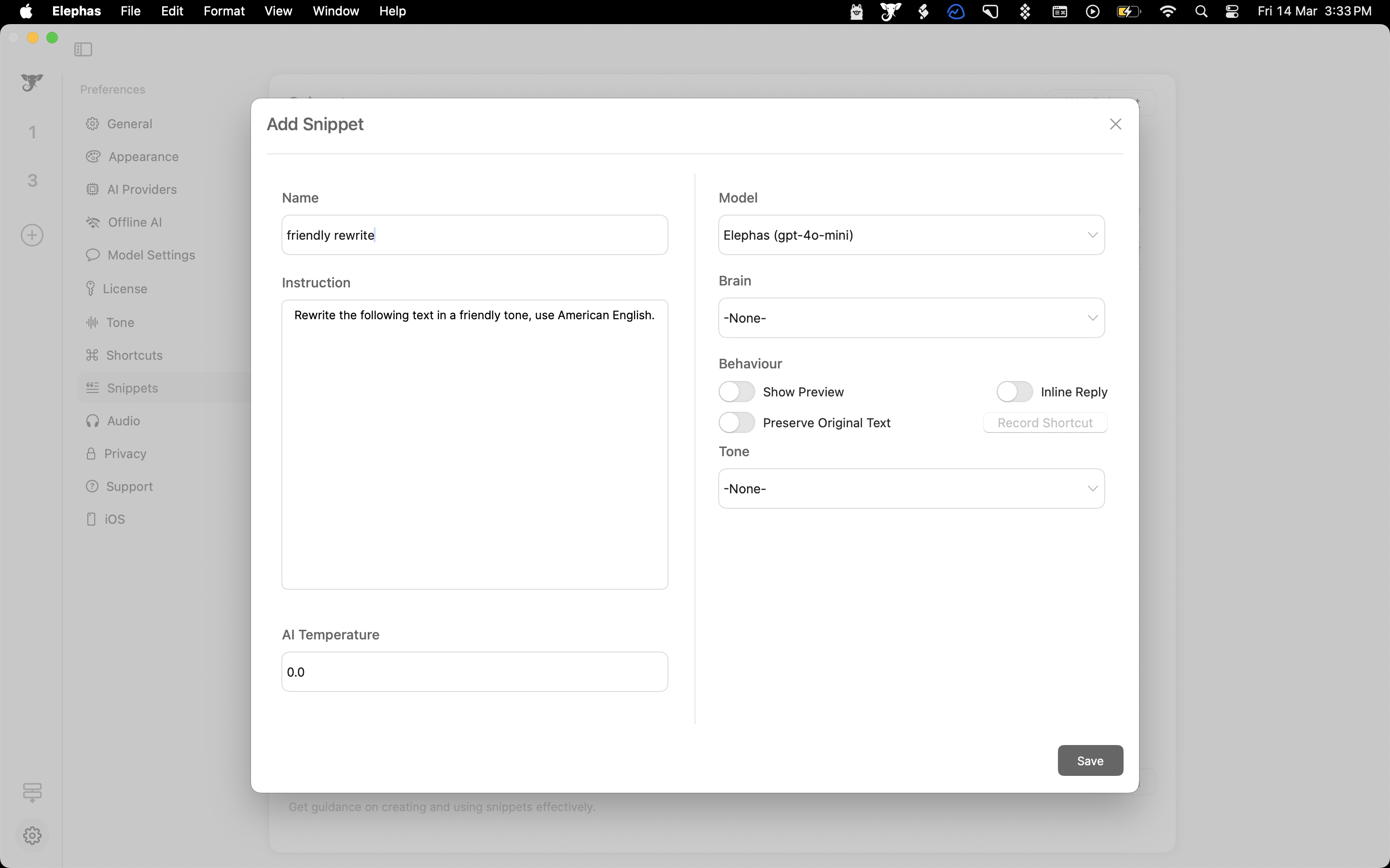 The Add Snippet dialog with a 'friendly rewrite' instruction, used as a custom rewrite mode.