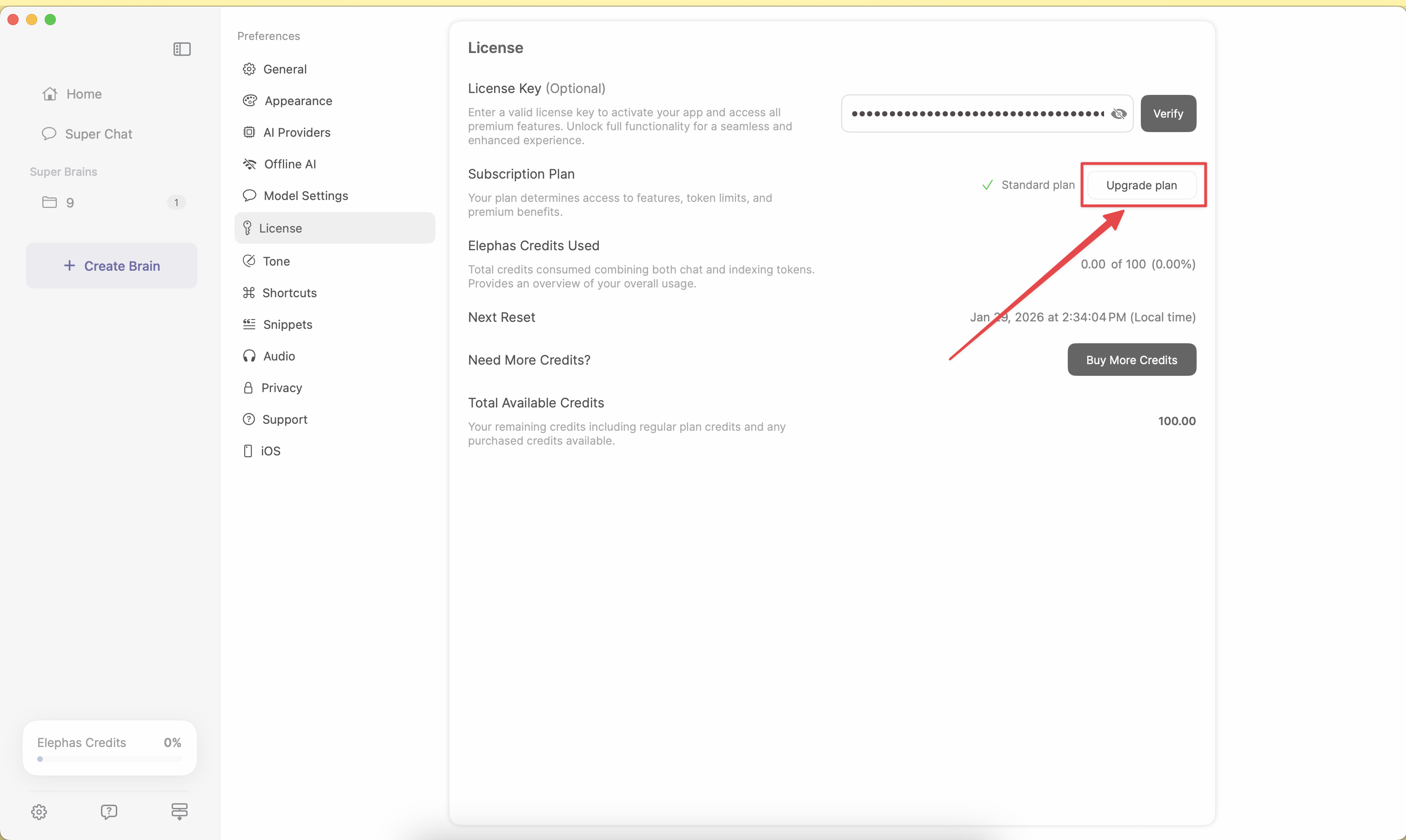 The License tab in Preferences showing the current plan, Upgrade plan, and Buy More Credits options.