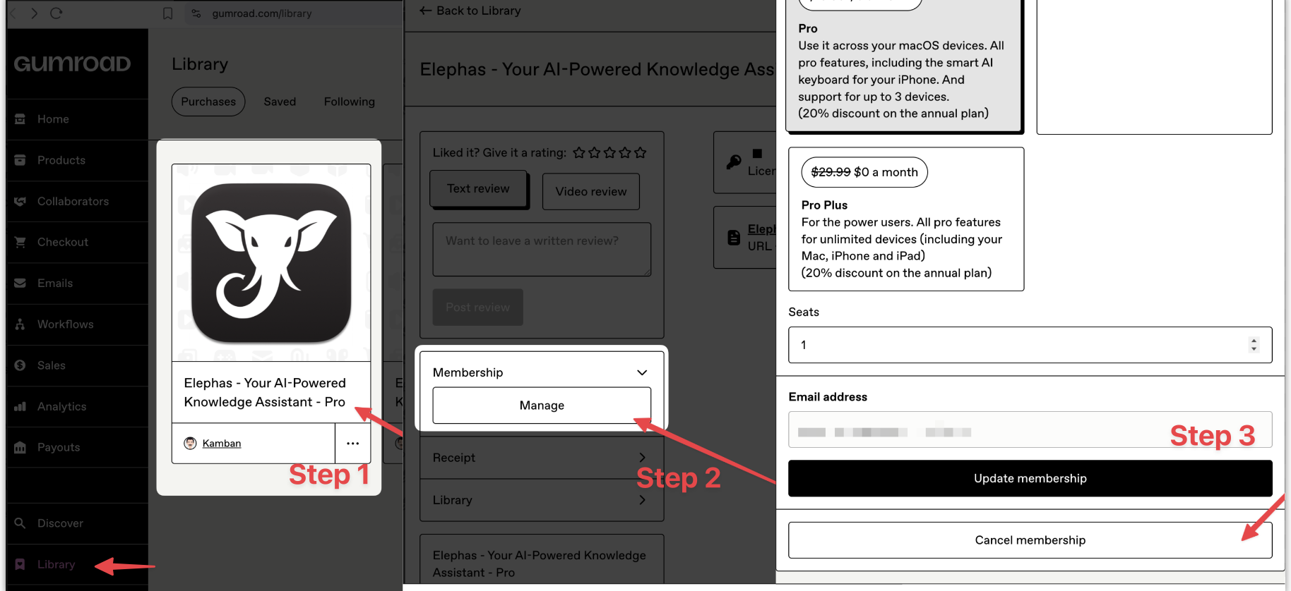 Cancelling a Gumroad membership in three steps: open the membership, click Manage, then Cancel membership.