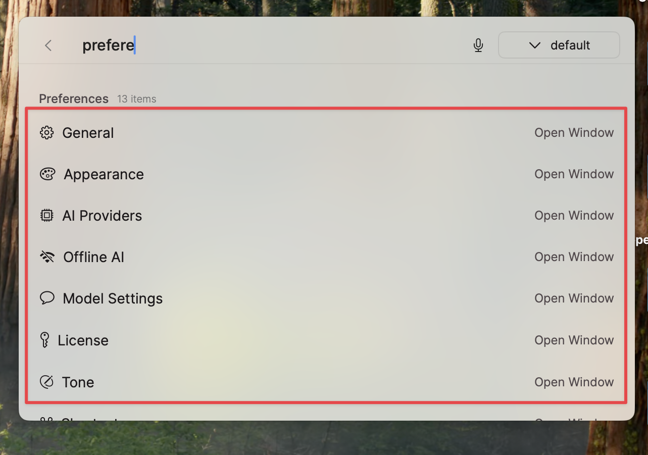 Typing 'preferences' into Super Command lists each Preferences section to open directly.