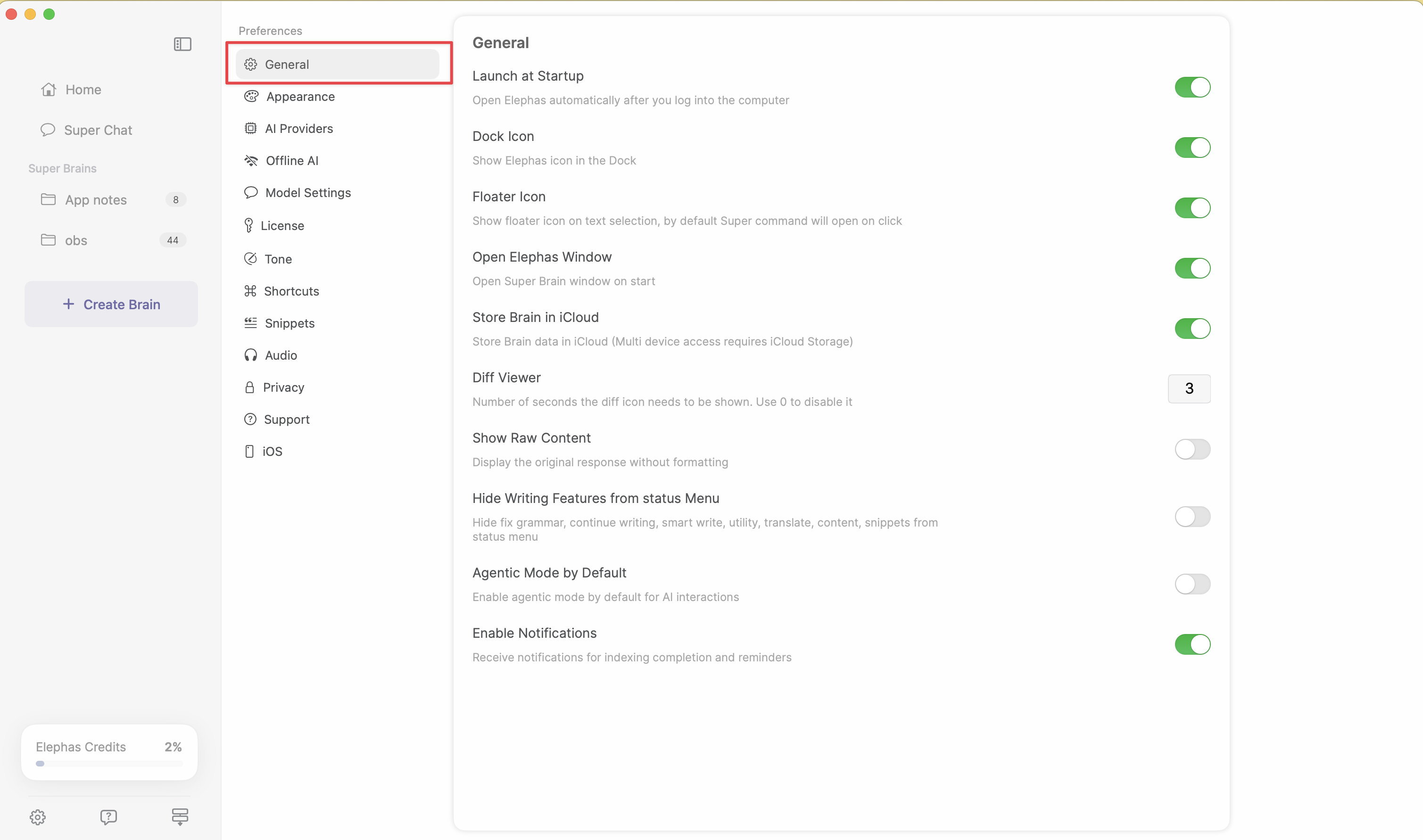The General tab in Preferences with Launch at Startup at the top of the list of toggles.