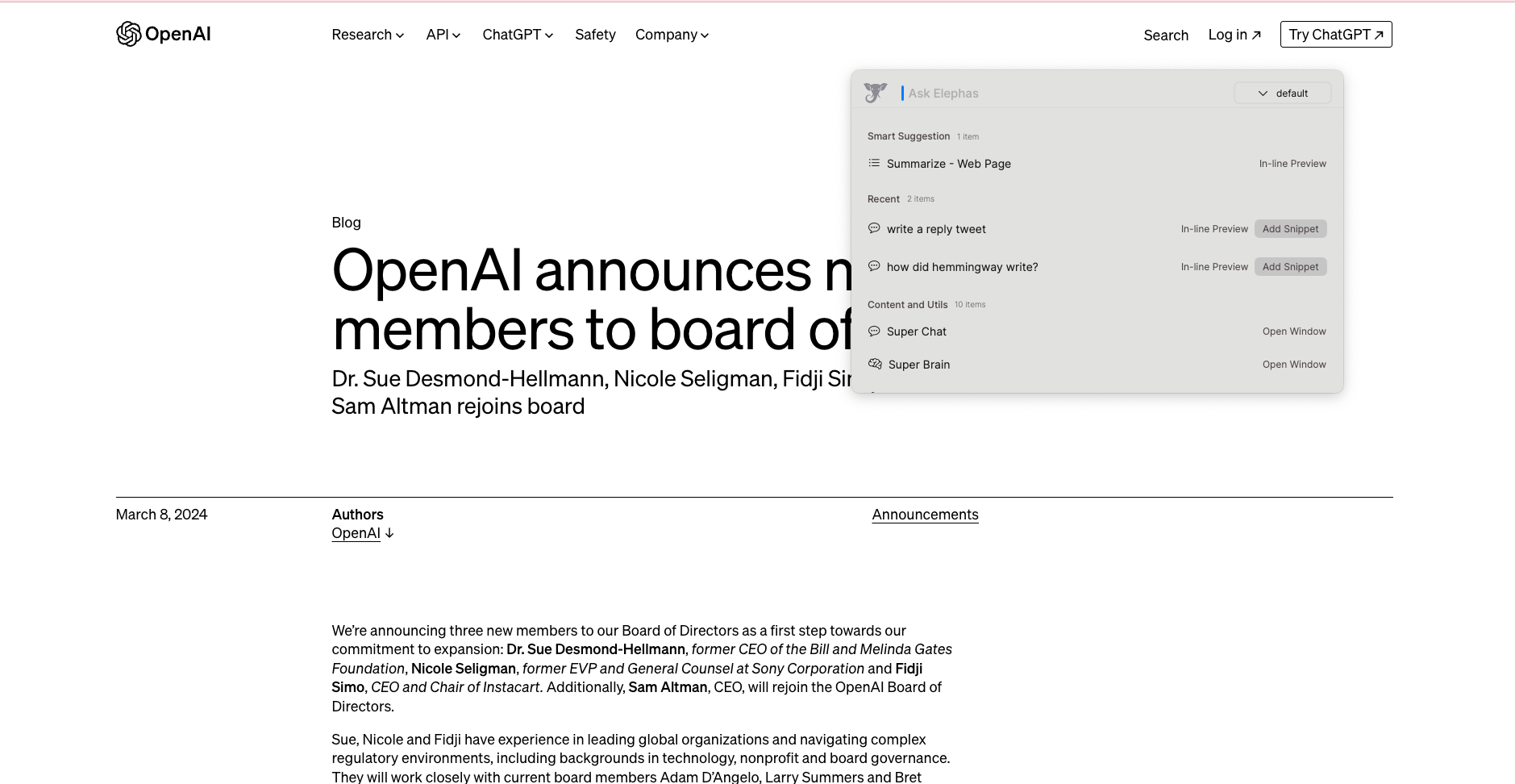 Super Command open over a web page, ready to summarize it.