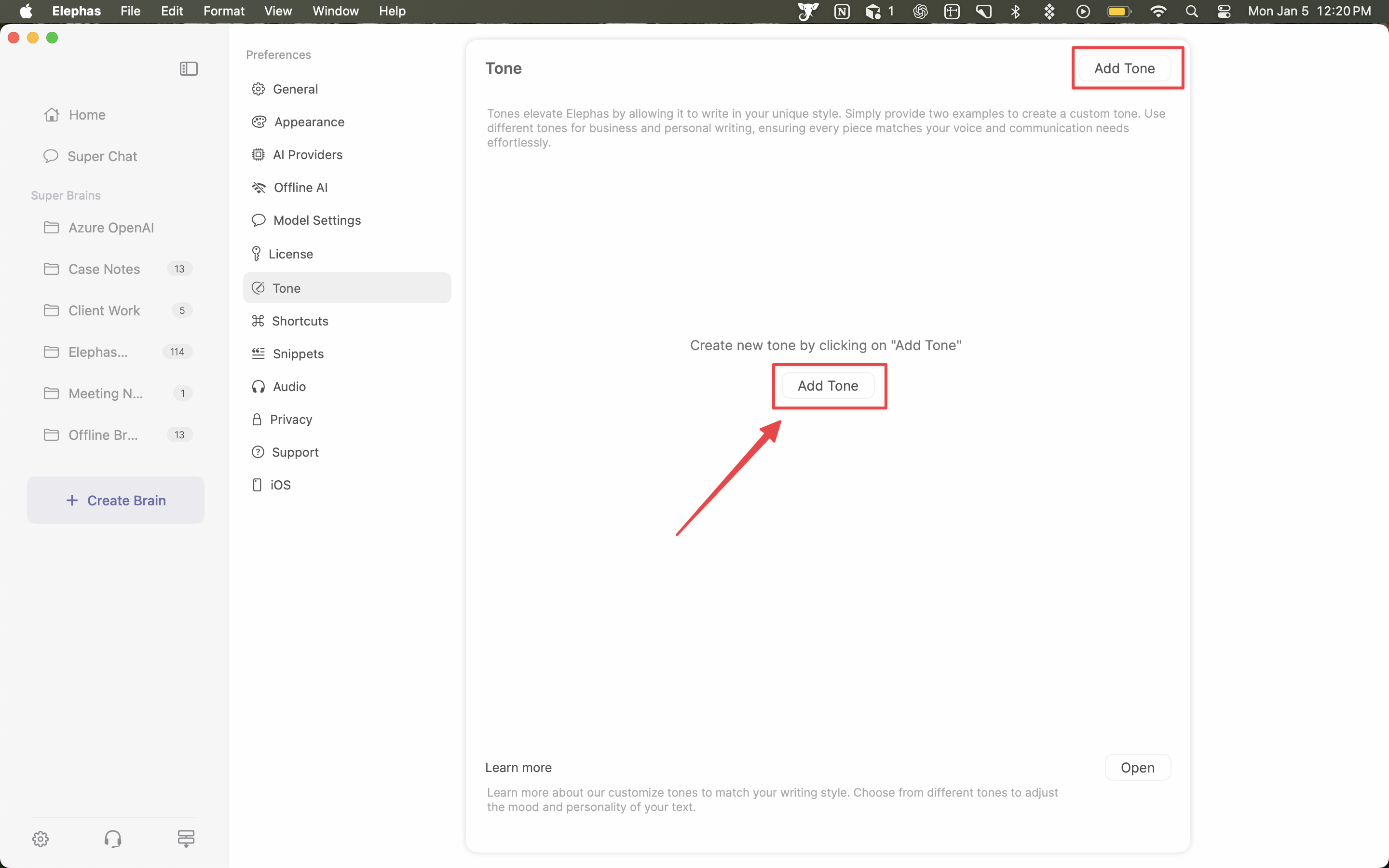 The Tone tab in Preferences with the Add Tone button highlighted.