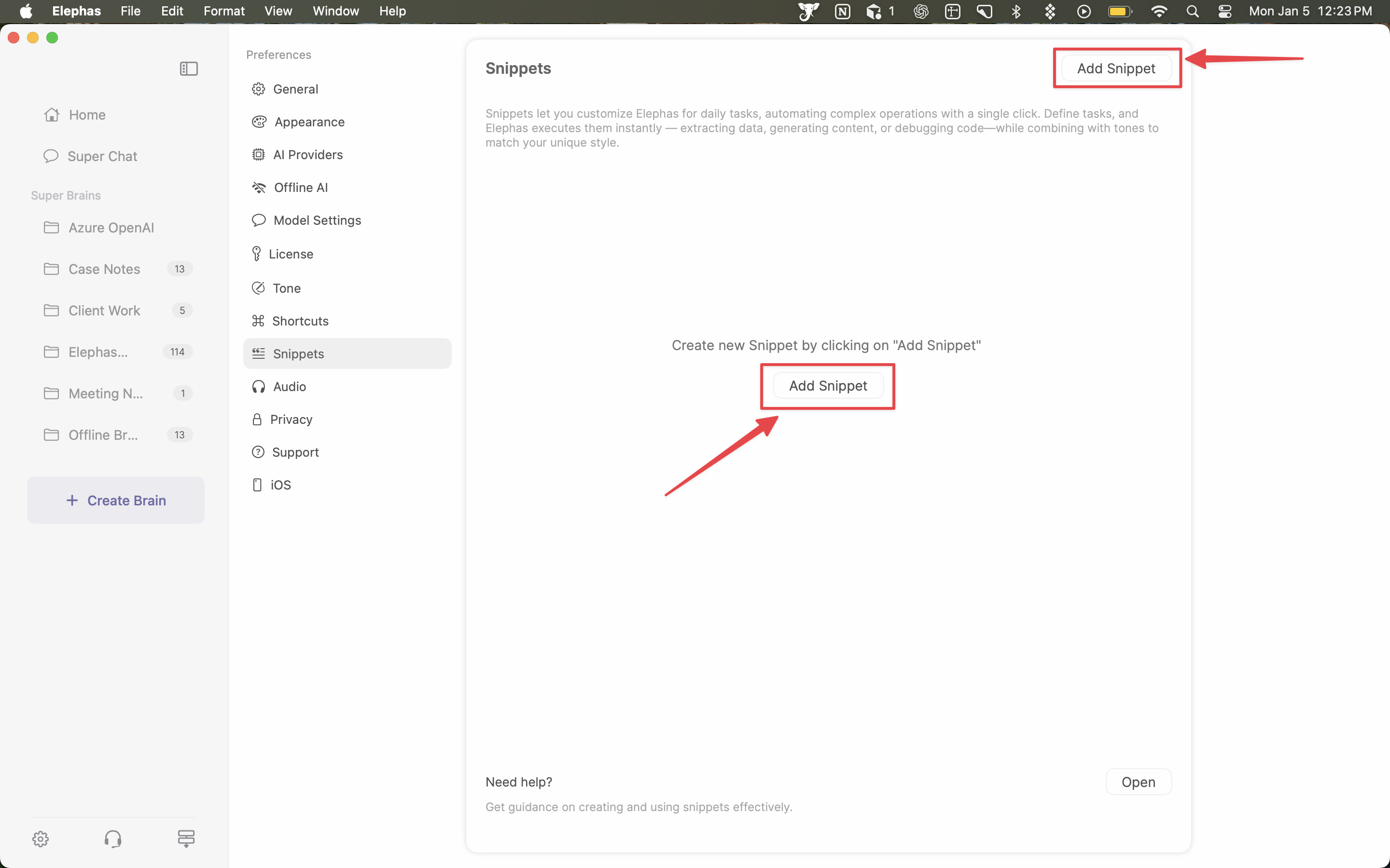 The Snippets tab in Preferences with the Add Snippet button highlighted.